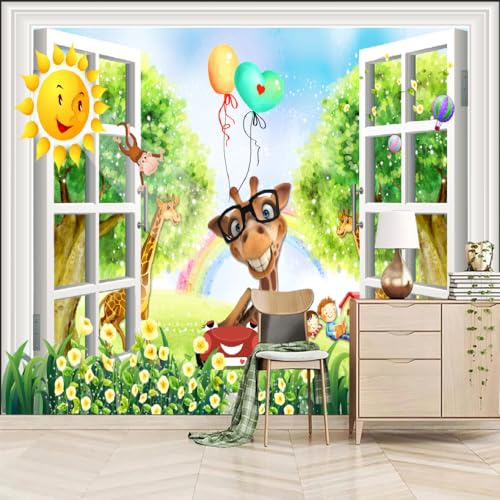 Fototapete 3D Effekt Zootiere Vor Dem Fenster 366x254cm，Giraffe Vlies tapeten für Wohnzimmer Schlafzimmer von LUPAXA