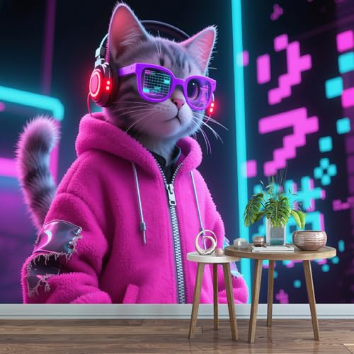 Fototapete 3D Modische Katze 150x130cm,Moderner Stadtstil Seidenstofftapeten,für Wohnzimmer Schlafzimmer Nicht selbstklebend von LUPAXA