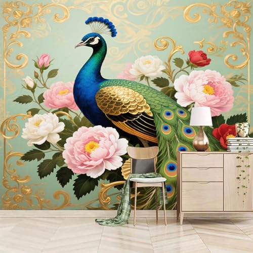 Fototapete 3D Rosa Pfau Mit Blumen 400x280cm,Hellgrünes Retro-Muster Seidenstofftapeten,für Wohnzimmer Schlafzimmer Nicht selbstklebend von LUPAXA