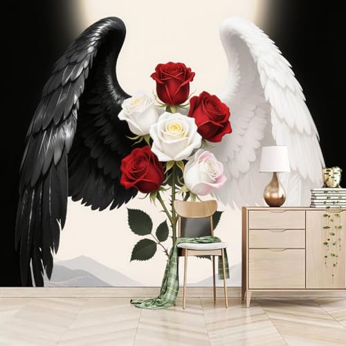 Fototapete 3D Rote Und Weiße Rose 3D 230x180cm,Abstrakte Flügel Seidenstofftapeten,für Wohnzimmer Schlafzimmer Nicht selbstklebend von LUPAXA