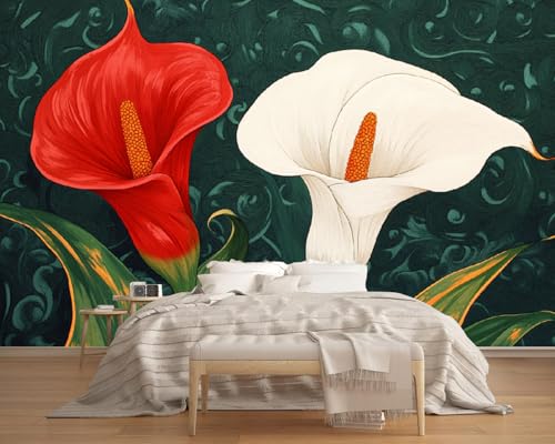 Fototapete 3D TapeteRote Und Weiße Blumen 150x130cm,Dunkelgrün, 3D Tapeten Wohnzimmer Muster,Wand Deko Kinderzimmer Wandtapete Mustertapete von LUPAXA