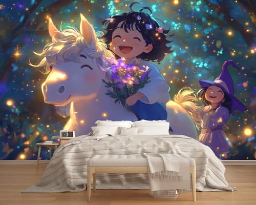 Fototapete 3D TapeteWeißes Pferdemädchen Mit Glühwürmchen 200x150cm,Märchenwald Tapeten Wohnzimmer Muster,Wand Deko Kinderzimmer Wandtapete Mustertapete von LUPAXA