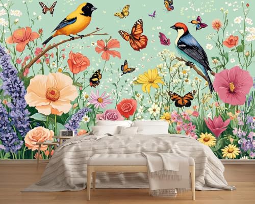 Fototapete Bunte Blumen Und Vögel 150x130cm,Hellgrün Schlicht Und Modern Wandtapete,für Schlafzimmer Wohnzimmer Flur Esszimmer Nicht selbstklebend Fototapete Bunte Blumen Und Vögel 150x130cm,Hellgrün Schlicht Und Modern Wandtapete,für Schlafzimmer Wohnzimmer Flur Esszimmer Nicht selbstklebend von LUPAXA