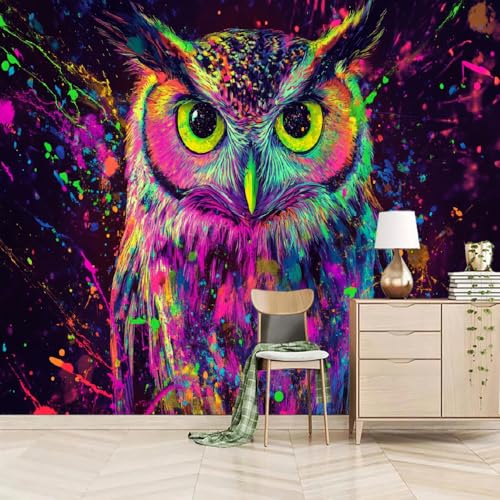 Fototapete Bunte Neon-Eule 200x150cm，Farbspritzer Wandtapete für Schlafzimmer, Wohnzimmer, Sofa, TV-Hintergrund von LUPAXA