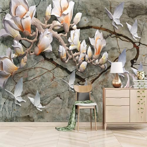 Fototapete Grauer Stein 300x240cm，3D-Blumen, Bäume Und Schmetterlinge Wandtapete für Schlafzimmer, Wohnzimmer, Sofa, TV-Hintergrund von LUPAXA