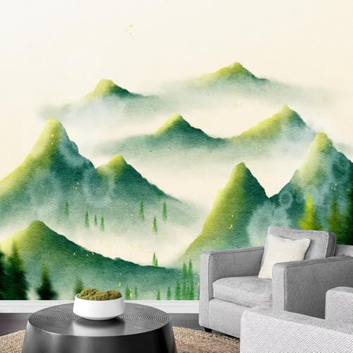 Fototapete Grüne Berglandschaft 400x280cm，Abstrakte Tuschemalerei Wandtapete Moderne Schlafzimmermode Großer TV-Hintergrund von LUPAXA