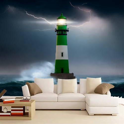 Fototapete Leuchtturm Am Meer 200x150cm,Dunkle Wolken Und Blitze Wandtapete,für Schlafzimmer Wohnzimmer Flur Esszimmer Nicht selbstklebend von LUPAXA