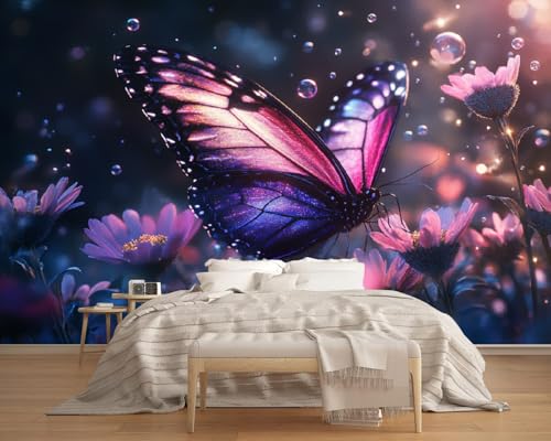 Fototapete Lila Schmetterling Und Blume Mit Farbverlauf 400x280cm,Modernes 3D Wandtapete,für Schlafzimmer Wohnzimmer Flur Esszimmer Nicht selbstklebend von LUPAXA