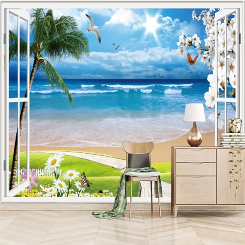Fototapete Meereslandschaft Vor Dem Fenster 366x254cm，Möwen Und Blumen Im Baum Wandtapete für Schlafzimmer Wohnzimmer Flur Esszimmer von LUPAXA