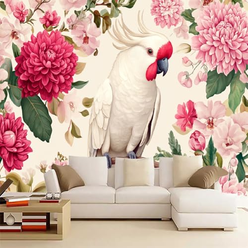 Fototapete Moderne Rosa Blumen Und Vögel 400x280cm，Weißer Papagei Wandtapete für Schlafzimmer, Wohnzimmer, Sofa, TV-Hintergrund von LUPAXA