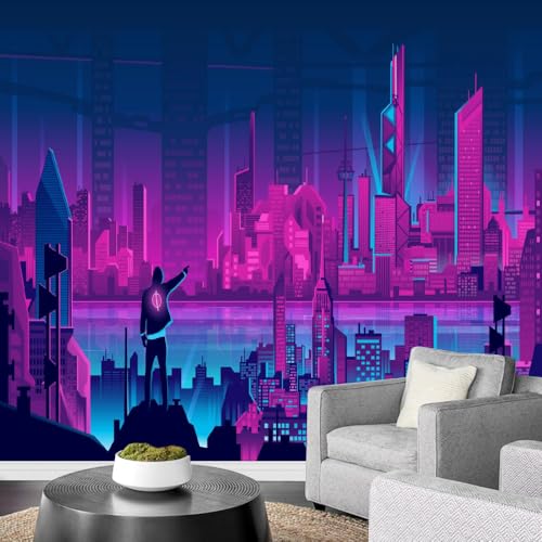Fototapete Moderne Stadtgebäude 130x80cm，Neonlichter Wandtapete für Schlafzimmer, Wohnzimmer, Sofa, TV-Hintergrund von LUPAXA