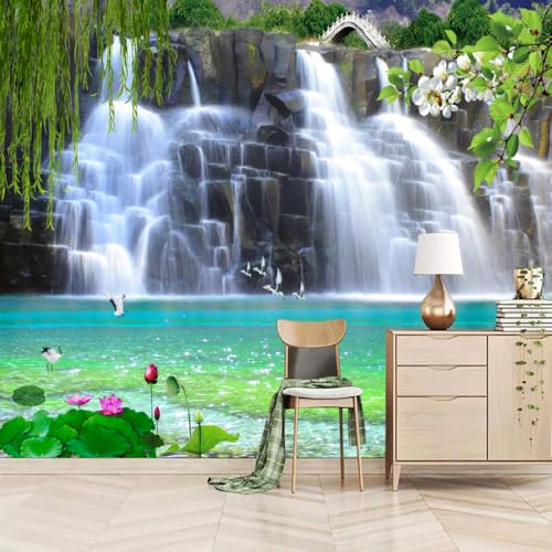 Fototapete Moderne Wasserfalllandschaft 200x150cm,Lotusteich Wandtapete für Schlafzimmer Wohnzimmer Flur Esszimmer Fototapete Moderne Wasserfalllandschaft 200x150cm,Lotusteich Wandtapete für Schlafzimmer Wohnzimmer Flur Esszimmer von LUPAXA