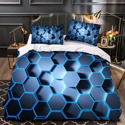 LUPAXA Blaugraue Geometrie Bettbezug 3 Teilig，135 * 200Cm Modernes Neon-Sechseck Microfaser Druck Bettbezug Setit Reißverschluss Und Kissenbezug von LUPAXA