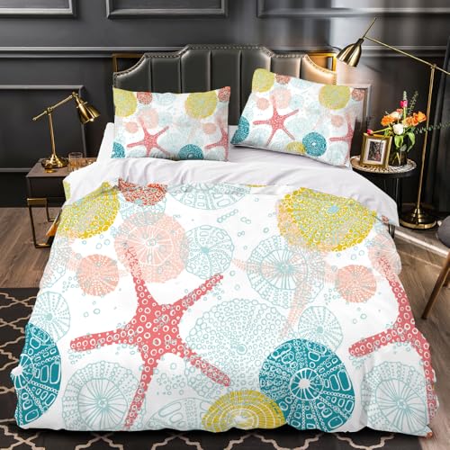 LUPAXA Boho Seestern Muschel Bettwäsche-Set，230 * 220Cm Bunt Meereslebewesen Mikrofaser-Bettlaken 3D-Druck Bettbezug, 3-Teiliges Set Mit Reißverschluss Weich von LUPAXA