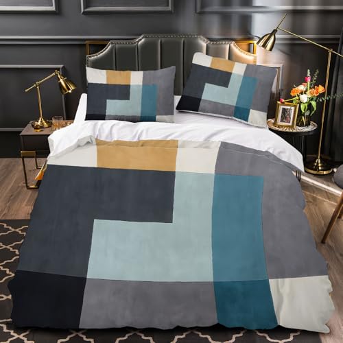 LUPAXA Moderne Grau-Blaue Nähte Bettbezug Set，155 * 200Cm Geometrisches Gitter 3 Teilig Mikrofaser Bettbezug Mit Reißverschluss Und 2 Kissenbezug von LUPAXA