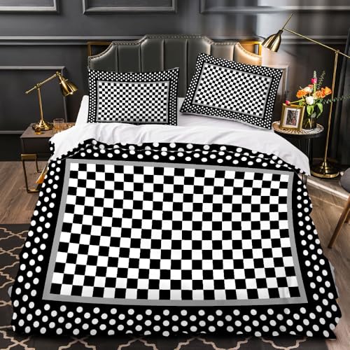 LUPAXA Moderne Schwarz-Weiß-Geometrie Bettbezug 3 Teilig，260 * 220Cm Karierte Tupfenbordüre Bettwäsche-Sets Mikrofaser Bettbezug Set Mit Reißverschluss Und 2 Kissenbezüge von LUPAXA