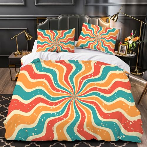 LUPAXA Retro 70Er Regenbogen Bettbezug 3 Teilig，200 * 200Cm Farbwellen Mit Optischer Täuschung Bettwäsche-Sets Mikrofaser Bettbezug Set Mit Reißverschluss Und 2 Kissenbezüge von LUPAXA