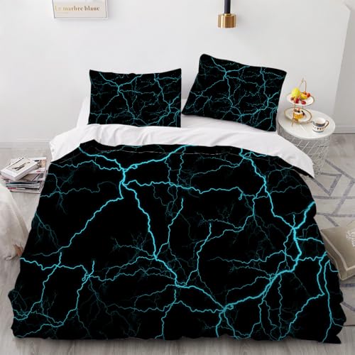 LUPAXA Schwarz Und Blau Blitz Bettwäsche-Set，230 * 220Cm Retro-Abstrakt Mikrofaser-Bettlaken 3D-Druck Bettbezug, 3-Teiliges Set Mit Reißverschluss Weich von LUPAXA