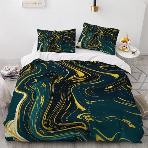 LUPAXA Schwarzer, Goldener Und Grüner Marmor Bettwäsche-Set，230 * 220Cm Retro-Abstrakt Mikrofaser-Bettlaken 3D-Druck Bettbezug, 3-Teiliges Set Mit Reißverschluss Weich von LUPAXA