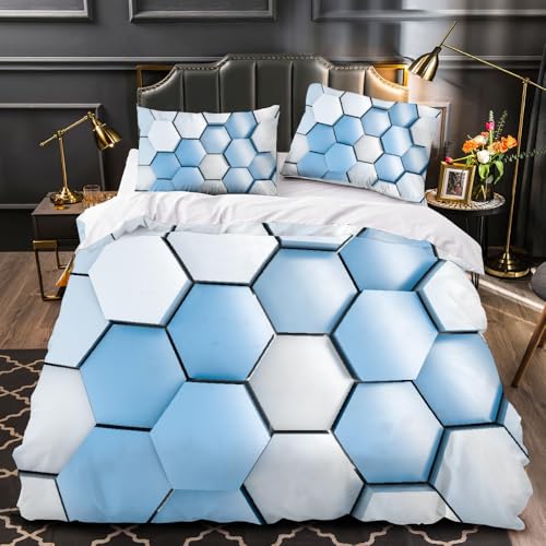 Optische Täuschung Blau-Weiß Bettwäsche Set 3 Teilig，155 * 200Cm Moderne Sechseckige Geometrie Leicht Weich Mikrofaser Bettbezug Und 2 Kissenbezüge Mit Reißverschluss von LUPAXA