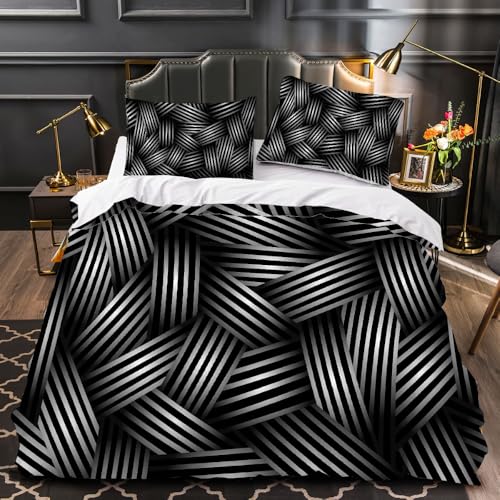 Optische Täuschung Geometrie Bettwäsche Set 3 Teilig，230 * 220Cm Schwarz-Silber Leicht Weich Mikrofaser Bettbezug Und 2 Kissenbezüge Mit Reißverschluss von LUPAXA