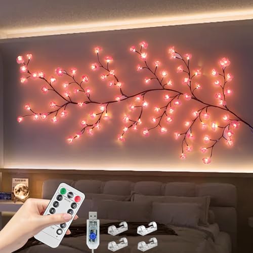 LED Kirschblüten Zweige Lichter - 180cm 96 LEDs Kirschblüten Wanddekoration, Warmweisser Rattan Lichterkette mit 8 Modi & Fernbedienung - Ideale Dekoration für Schlafzimmer, Wohnzimmer & Feiern von LURICO