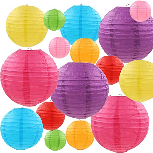 LURICO 16 Stück bunte Papierlaternen (mehrfarbig, Größe von 10,2 cm, 15,2 cm, 20,3 cm, 25,4 cm) – chinesische/japanische Papier-Hängedekoration, Kugellaternen für Heimdekoration, Partys und Hochzeiten von LURICO