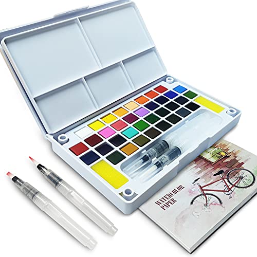 Aquarellfarben Set - Aquarell Malkasten Inklusive 36 Wasserfarben,12 Aquarellpapier,2 Wassertankpinsel und Aquarell Zubehör,Wasserfarben Malen für Anfänger und Profi,Wasserfarbkasten Künstlerqualität von LURICO