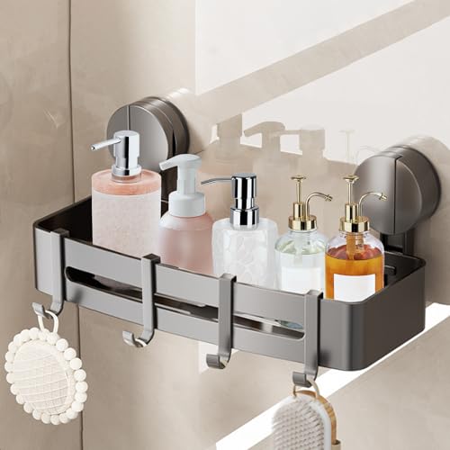 LURICO Saugnapf Duschablage ohne Bohren mit 4 Haken, 32 cm lang, 10 kg Tragfähigkeit, Duschablage Saugnapf mit Abnehmbarer und Rostfreier Shampoo-Halterung - Grau von LURICO