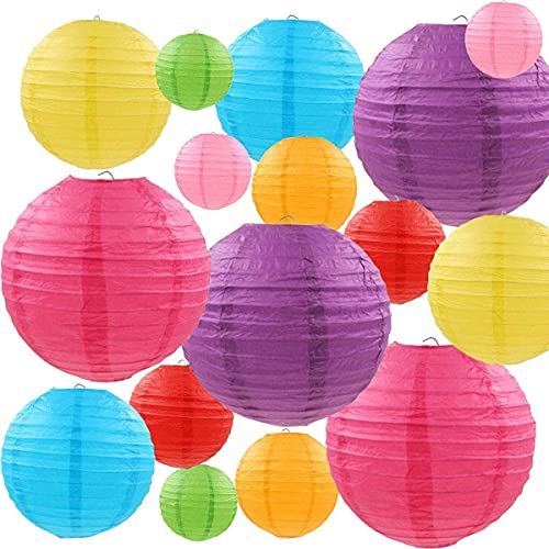 Lampenschirm Rund Bunt Papier Laterne, 16 Pcs Papier Laterne Lampions, Bunte Papierlaterne für Party Garten Hochzeit Dekoration (10",8",6",4") von LURICO