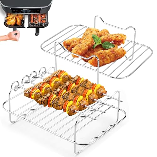 LURNODY 2 Stück Gitter für Heißluftfritteuse Grillrost, Air Fryer Rack, Edelstahl Zubehör Heißluftfritteuse Kompatibel Mit Den Meisten Heißluftfritteusen AF300EU, AF400EU, Wird Mit 4 Spießen von LURNODY