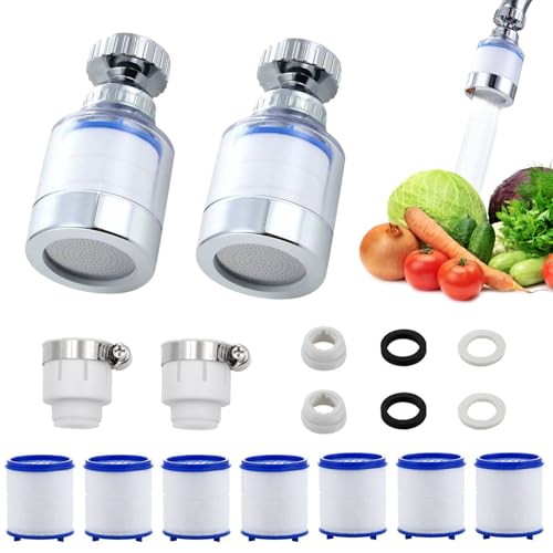 LURNODY 2 Stück Wasserfilter Wasserhahn, 360° Water Filter Tap, Wasserhahn Filter für Trinkwasser, Wasserfilter für Wasserhahn Mit 7 Stück PP-Baumwolle Filterelement Und Universaladapter von LURNODY