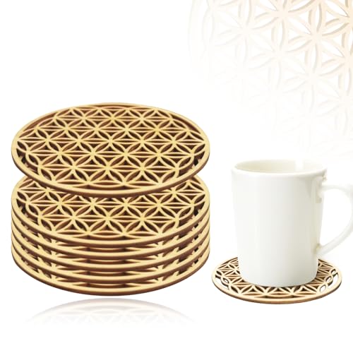 LURNODY 6 Stück Blume des Lebens Holz Untersetzer, Quadratisch, 10x10CM, Blau von LURNODY