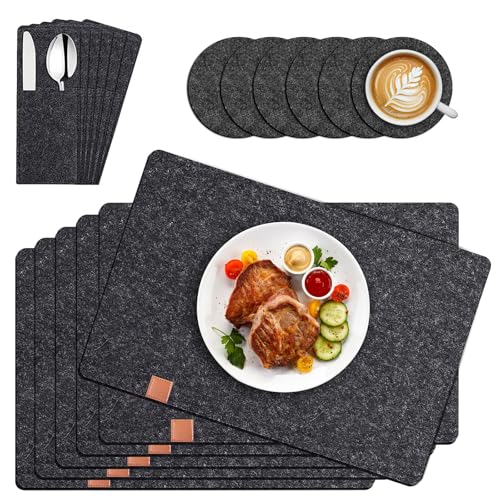 LURNODY Tischset Platzset,18 Sets Premium Filz Tischset,Tischsets Platzsets Abwaschbar,6 Platzsets, 6 Untersetzer, 6 Taschen FüR Messer Und Gabeln FüR Teller, GläSer, Platzdeckchen In Lederoptik von LURNODY