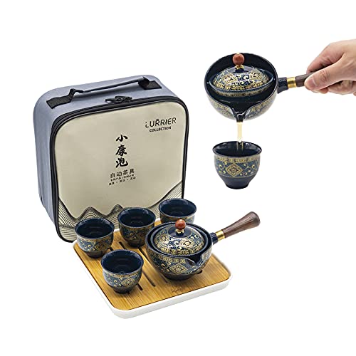 LURRIER Chinesisches Gongfu-Tee-Set, aus Porzellan, tragbares Teekannen-Set mit 360 Grad drehbarer Teebereiter und Teesieb, tragbare All-in-One-Geschenktüte für Reisen, Zuhause, Geschenk, Outdoor und von LURRIER