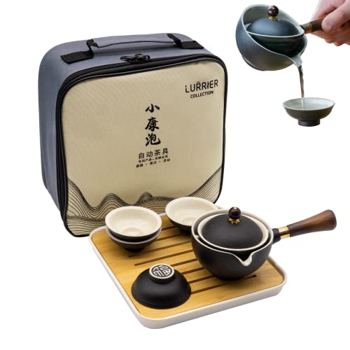 LURRIER Chinesisches Gongfu-Tee-Set, tragbares Teekannen-Set mit 360 Grad drehbarer Teebereiter und Teesieb, tragbare All-in-One-Geschenktasche für Reisen, Geschenk, Outdoor und Büro (schwarz) von LURRIER