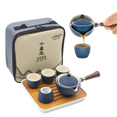 LURRIER Chinesisches Gongfu-Tee-Set, tragbares Teekannen-Set mit 360 Grad drehbarer Teebereiter und Teesieb, tragbare All-in-One-Geschenktasche für Reisen, Zuhause, Geschenk, Outdoor und Büro (blau) von LURRIER