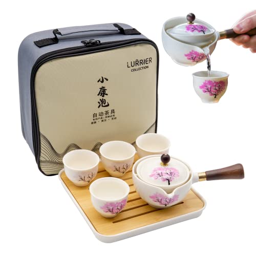 LURRIER Chinesisches Gongfu-Tee-Set aus Porzellan, tragbares Teekannen-Set mit 360° drehbarem Teebereiter und Teesieb, tragbare All-in-One-Geschenktasche für Reisen, Zuhause, Geschenk, Outdoor und von LURRIER