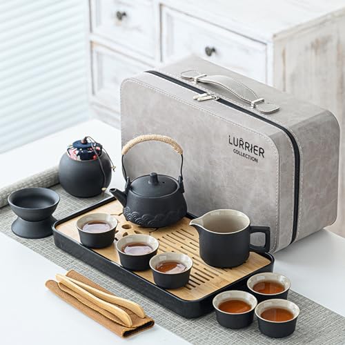 LURRIER Gongfu Tee-Sets, tragbares Keramik-Teeset, asiatisches Tee-Set für Erwachsene, Tee-Geschenksets, graue Ledertasche, tragbare Reisetasche, Zuhause, Geschenk, Outdoor und Büro (schwarz) von LURRIER