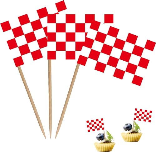 Karierte rote und weiße Renn-Zahnstocher-Flagge, Rennwagen, kleine Mini-Cocktail-Obst-Cupcakes, Aufsätze, Lebensmittel-Stick-Flaggen, Dekorationen, Zubehör, 100 Stück von LUSEOAN