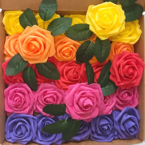 LUSSO LIA 25 Stück dekorative künstliche Schaumstoff-Rosen mit biegbaren Stielen für Hochzeitsstrauß, Jahrestag, Valentinstag, Tisch- und Heimdekoration, DIY und Kunst und Handwerk (Regenbogen) von LUSSO LIA