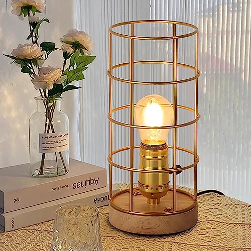 Industrielle Gold Tischlampe mit Metallkäfig, Messing Bauernhaus rustikale Schreibtischlampe Stecker in Kabel Schalter, E27 Vintage Basis Bronze für Home Lighting Steampunk Schlafzimmer, Wohnzimmer von LUSTORM 1