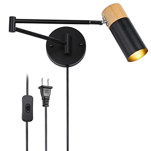 LUSTORM 1 Moderne Schwingarm Wandleuchte mit Stecker in Kabel, industrielle schwarze E27 LED Wandleuchten justierbare Holzarmaturen für Schlafzimmer Nachttisch Rotation Leselampe Scheinwerfer von LUSTORM 1