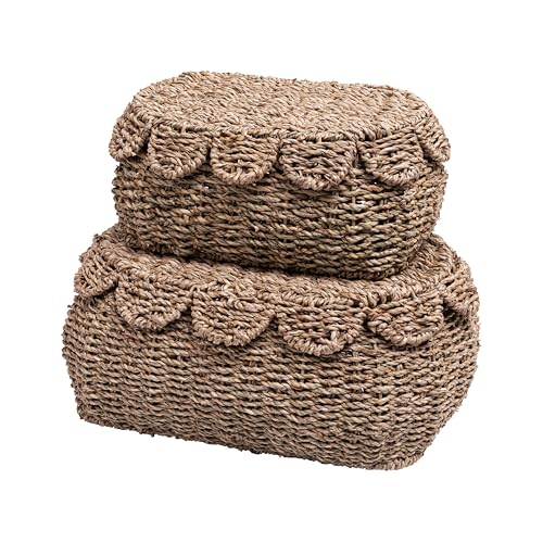 LUSYDECO 2er Set Hand Runde Weide Aufbewahrungskörbe, Rattankorb Dekoboxen, gewebte Aufbewahrungsbox Seegras Körbe mit Deckel, gewellter Rand Weidenkorb mit Deckel von LUSYDECO