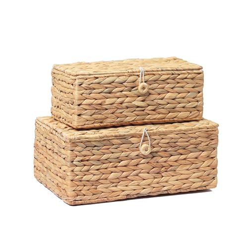 LUSYDECO Set mit 2 rechteckigen Weiden-Aufbewahrungsbehältern mit Deckel, Rattankorb, dekorative Boxen, Mehrzweck-Organizer, Präsentationsboxen für Regal-Organizer, Boho-Rattan-Box für Heimdekoration von LUSYDECO