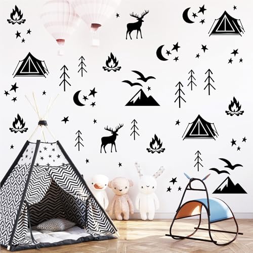 Schwarz Wälder Wandtattoo Kinderzimmer 230pcs DIY Künstler Wandaufkleber PVC Wandtattoo Wohnzimmer Schlafzimmer Wanddeko 10 Packen (Schwarz Camping) von LUTDK