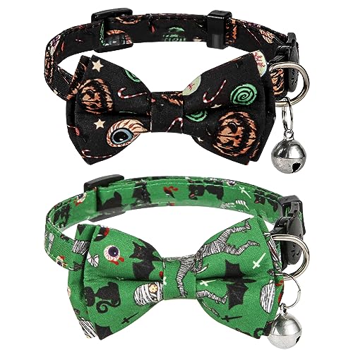 LUTER 2 Stück Halloween Katzenhalsband, 30 x 1cm Verstellbares Katzenhalsband mit Glöckchen Katzenhalsbänder mit Glöckchen für Hunde Kätzchen Dekorationszubehör (Grün, Schwarz) von LUTER