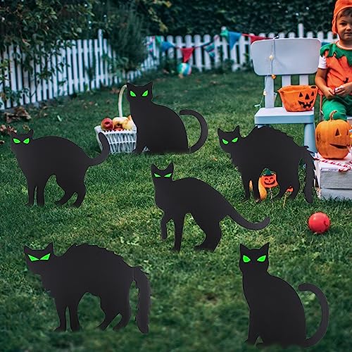 6 Stück Schwarze Katze Deko Halloween, Halloween Hofschild Schwarze Katze mit Pfählen und leuchtenden Aufklebern für die Halloween Party Außendekoration im Garten und Rasen von LUTER