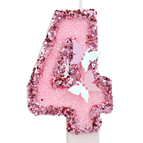 7,5cm Geburtstag Nummer Kerzen, Glitzernde Zahlenkerze Rosa Zahlenkerzen Kuchenaufsatz Schmetterlings-Geburtstagskerzen mit Pailletten für Jubiläumsfeiern (Nummer 4) von LUTER