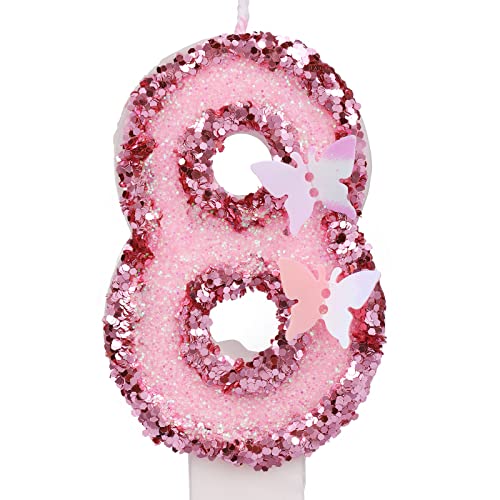 7,5cm Geburtstag Nummer Kerzen, Glitzernde Zahlenkerze Rosa Zahlenkerzen Kuchenaufsatz Schmetterlings-Geburtstagskerzen mit Pailletten für Jubiläumsfeiern (Nummer 8) von LUTER